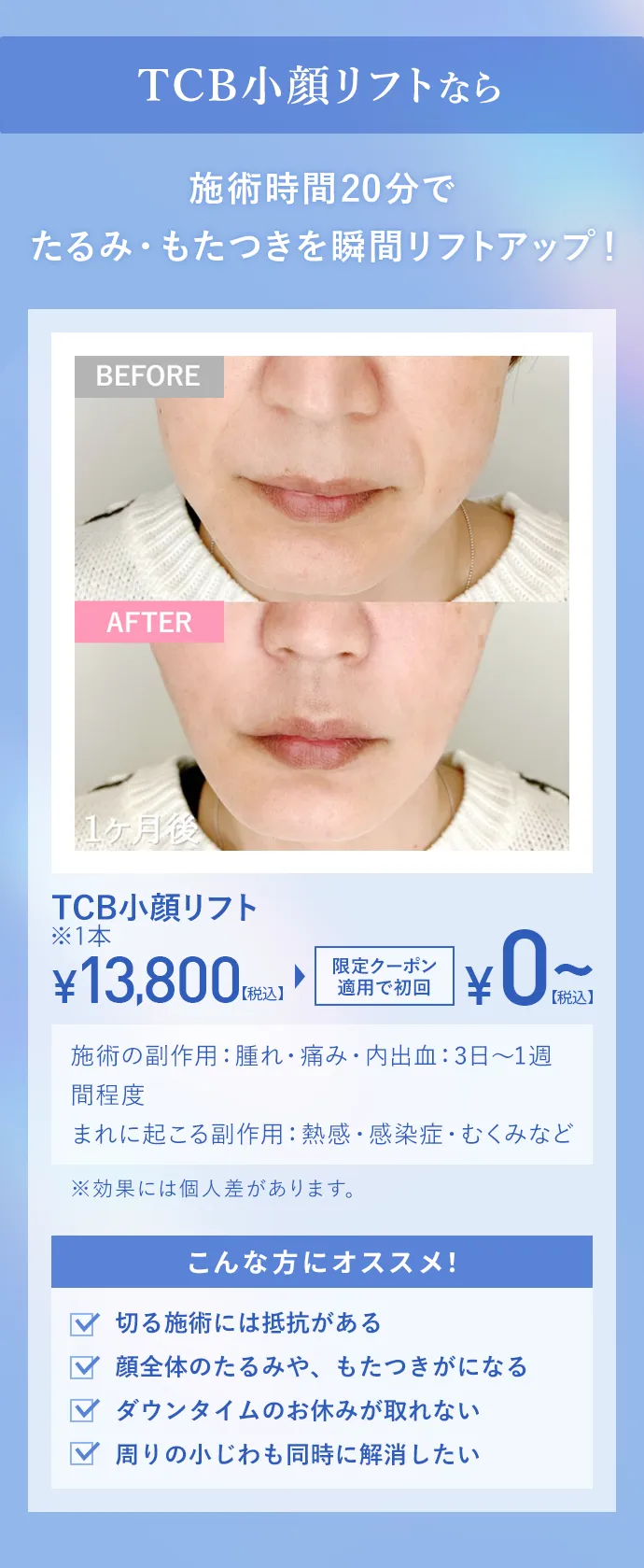 TCB小顔リフトなら施術時間20分でたるみ・もたつきを瞬間リフトアップ！