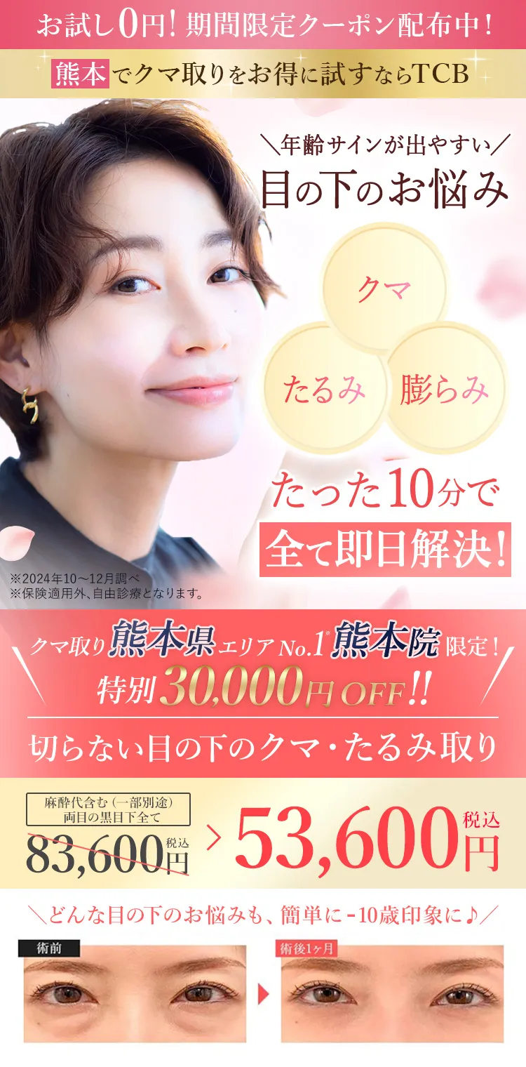 TCB式 切らない目の下のクマ・たるみ取り 年齢サインが出やすい目の下のお悩み、たった10分で全て即日解決!