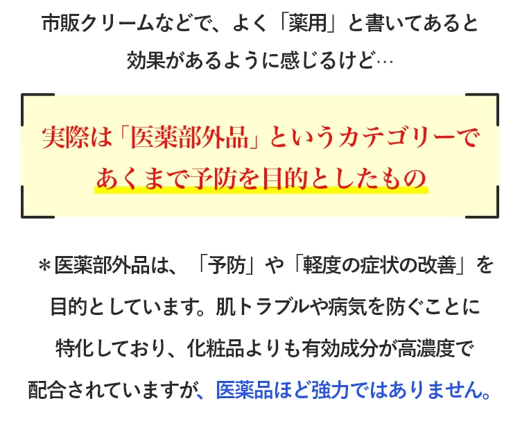 市販クリームなどで、よく「薬用」と書いてあると効果があるように感じるけど実際はあくまで予防を目的としたものです。