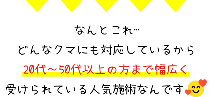 なんとこれ…どんなクマにも対応しているから20代～50代以上の方まで幅広く受けられている人気施術なんです