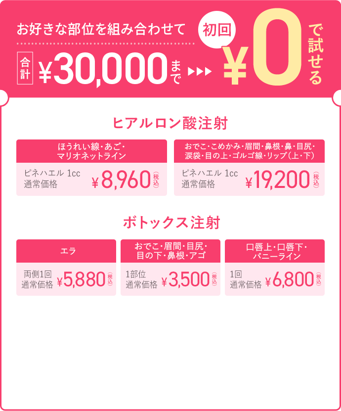 お好きな部位を組み合わせて合計30,000円まで初回0円で試せる