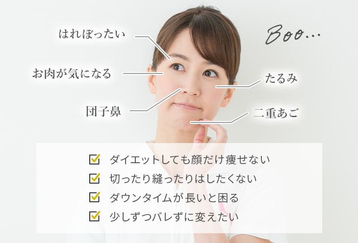 ダイエットしても顔だけ痩せない 切ったり縫ったりはしたくない ダウンタイムが長いと困る 少しずつバレずに変えたい