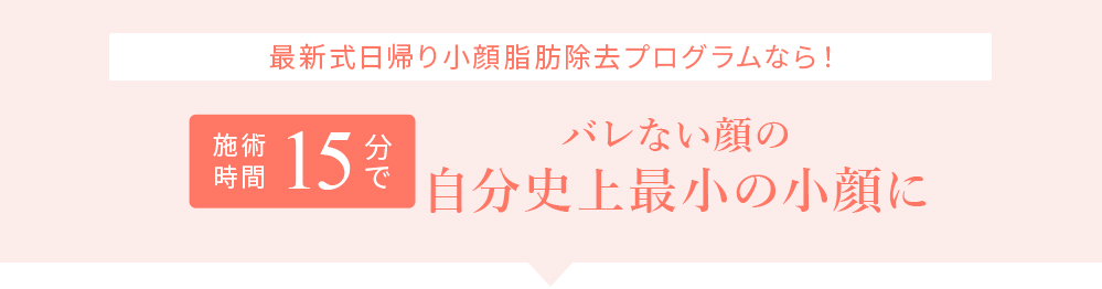 最新式日帰り小顔脂肪除去プログラムなら！ 施術時間15分で バレない顔の自分史上最少の小顔に