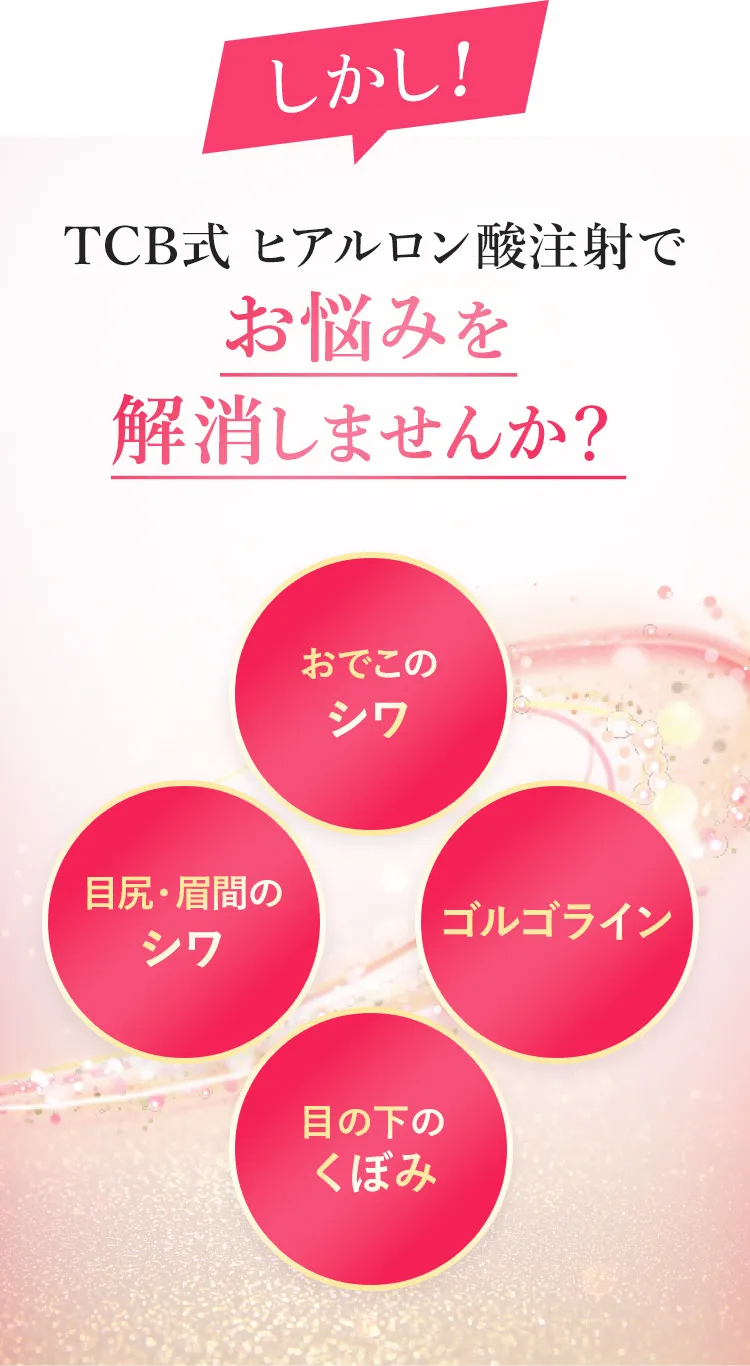 悲しいことに、これらの表情は年齢とともに悪化していきます。しかし！TCB式ヒアルロン酸注射ならお悩みを一気に解消！