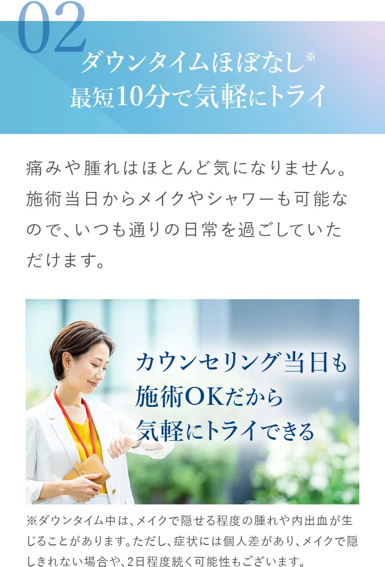 ダウンタイムほぼなし・最短10分で気軽にトライ