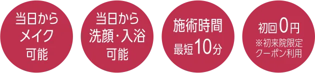 当日からメイク可能、当日から洗顔・入浴可能、施術時間最短10分、初回0円※初来院限定クーポン利用