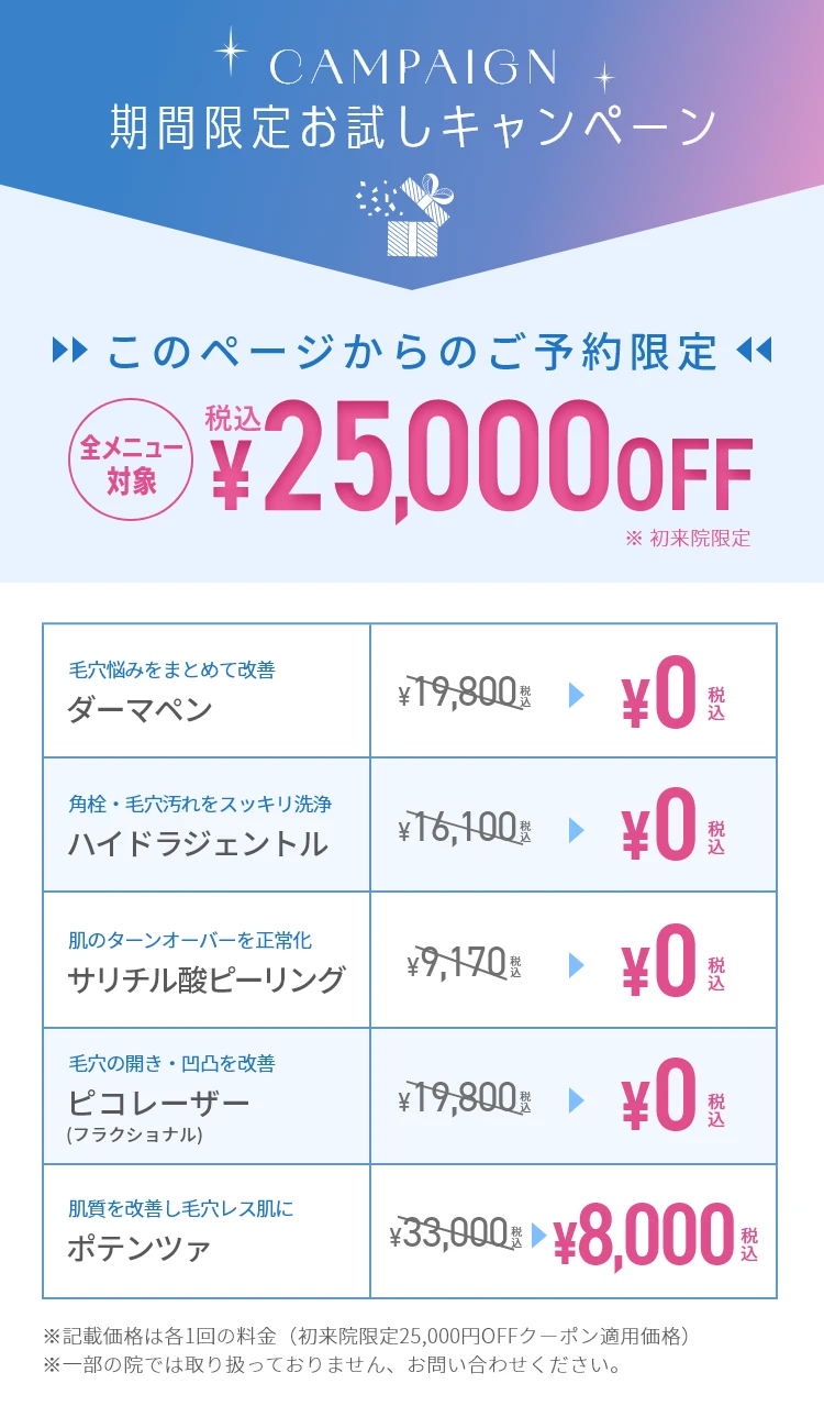 期間限定お試しキャンペーン このページからのご予約限定 全メニュー対象25,000円OFF
