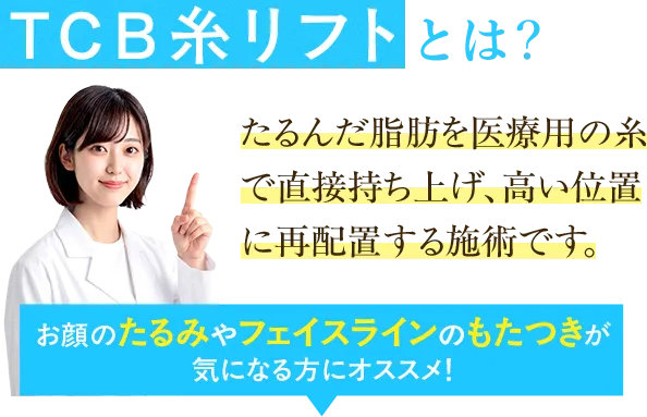 TCB糸リフトとは？たるんだ脂肪を医療用の意図で直接持ち上げ、高い位置に再配置する施術です。