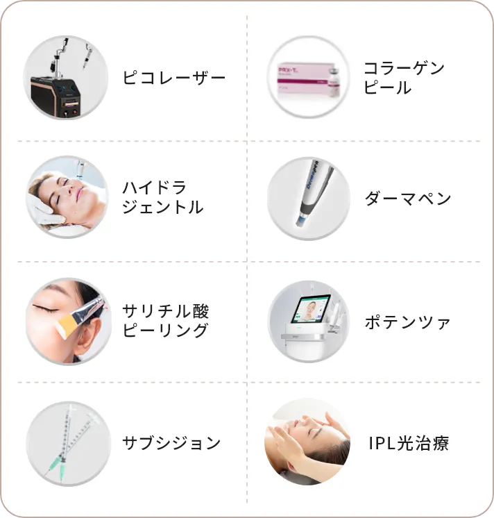 ピコレーザー コラーゲンピール ハイドラフェイシャル ダーマペン サリチル酸ピーリング ポテンツァ サブシジョン IPL光治療