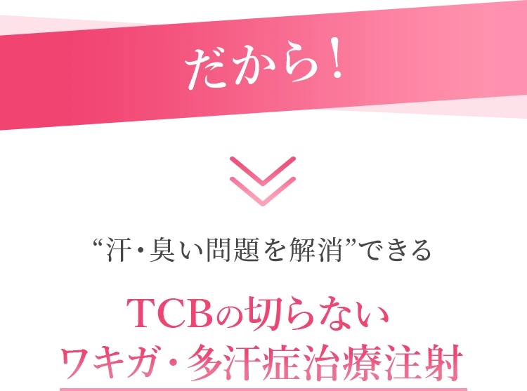 だから！“瞬間的に汗・臭い問題を解消”できるTCBの切らないワキガ・多汗症治療注射