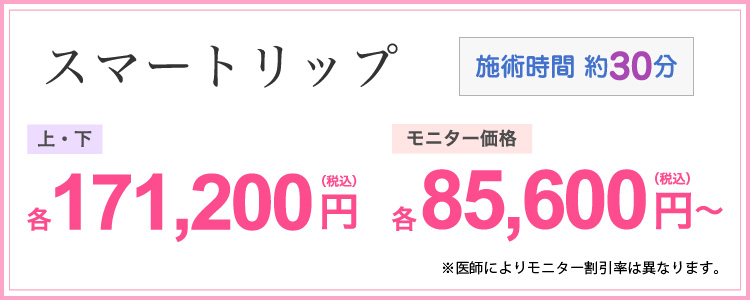 スマートリップ 施術時間30分 上・下 各171,200円 モニター価格 各85,600円~ ※医師によりモニター割引率は異なります。